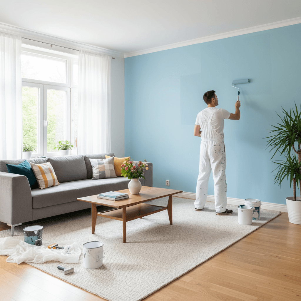 Painter with roller painting an interior wall with crisp trim
