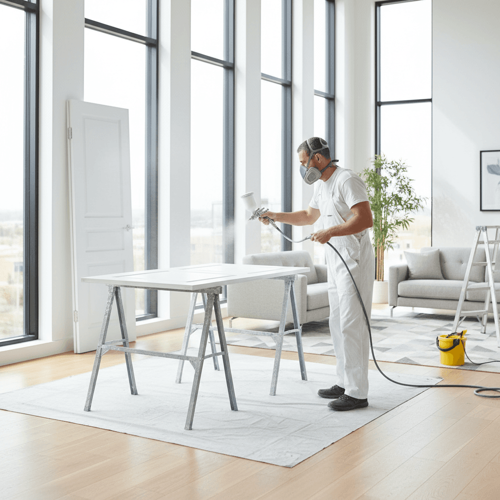 Professional spraying paint on a white interior door