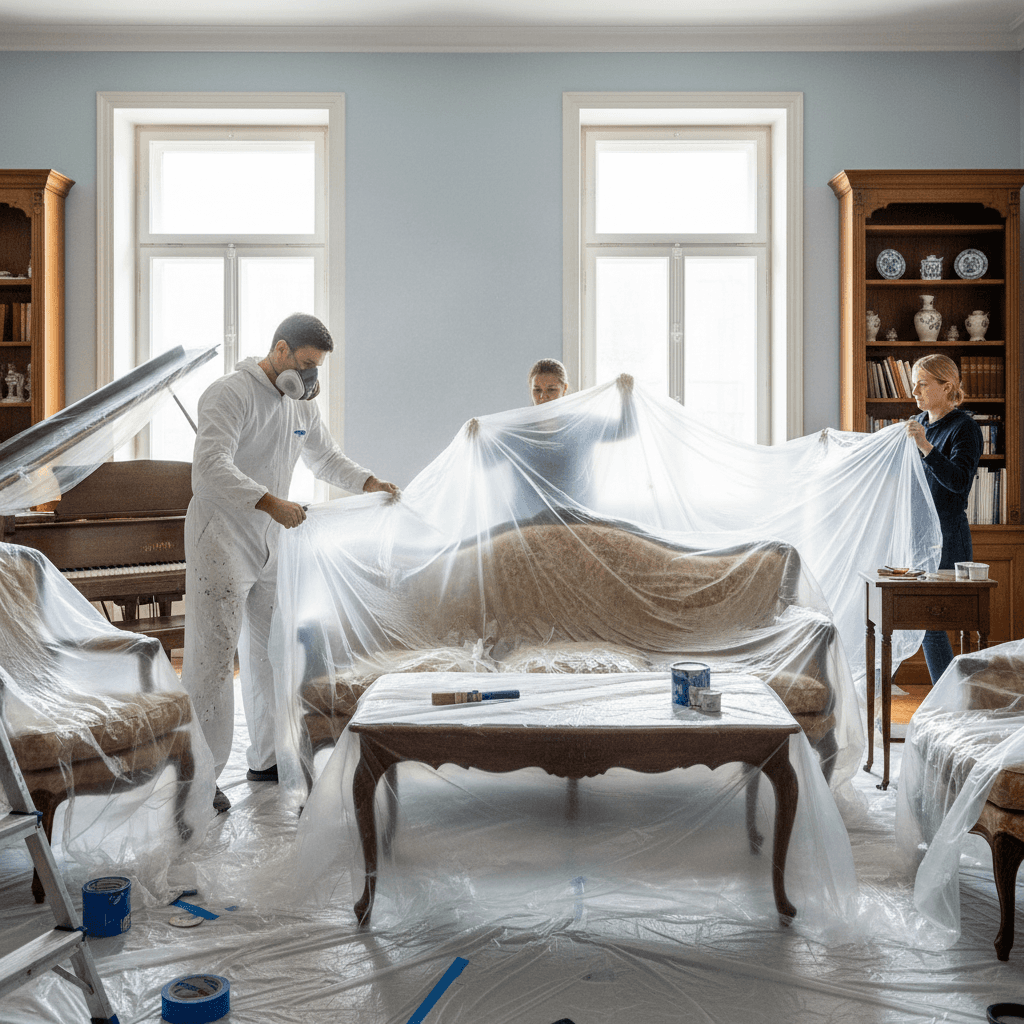 Painter in a living room carefully draping a plastic sheet over a sofa before painting