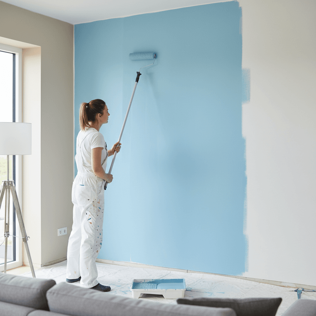 Professional painter rolling paint onto a living room wall