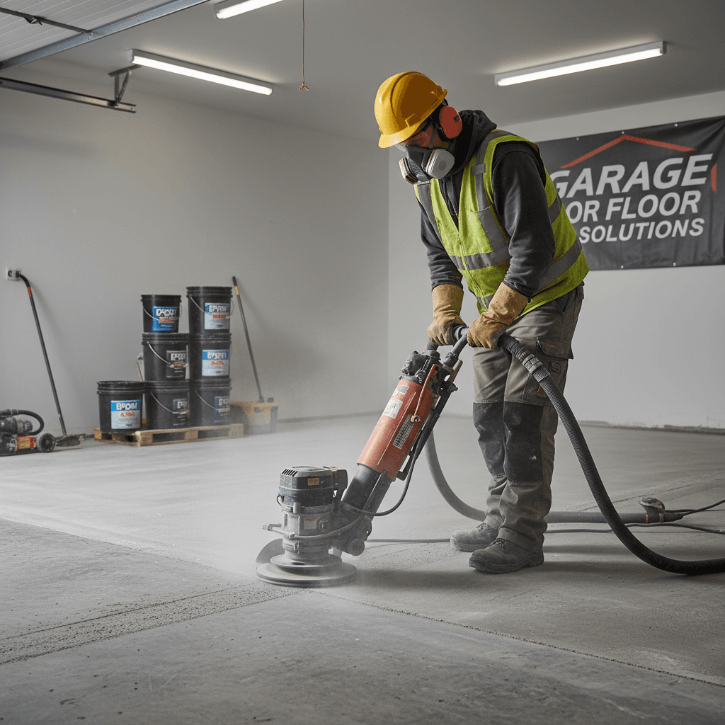 Crew member diamond-grinding a garage floor to prepare for epoxy coating