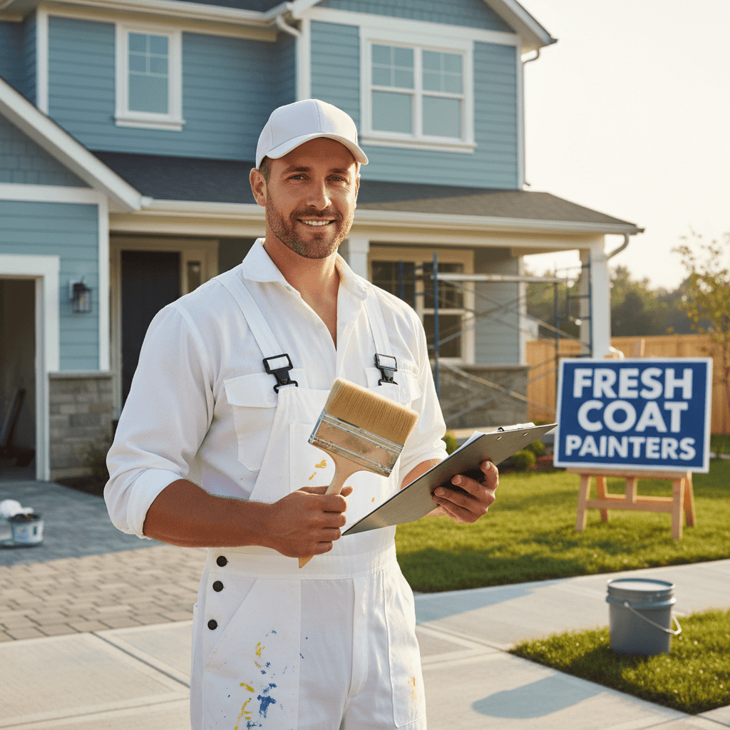 Professional painter in uniform holding a clipboard outside a home