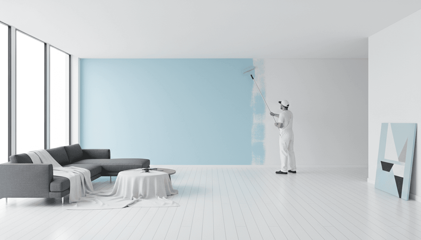 Professional painter rolling paint onto an interior wall in a bright, modern living room