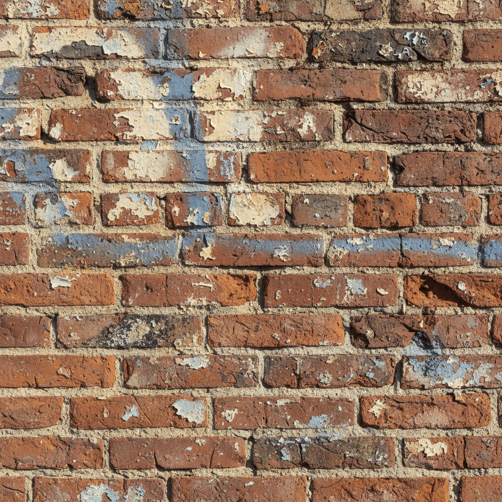 Close-up of weathered brick wall showing cracked mortar and peeling paint