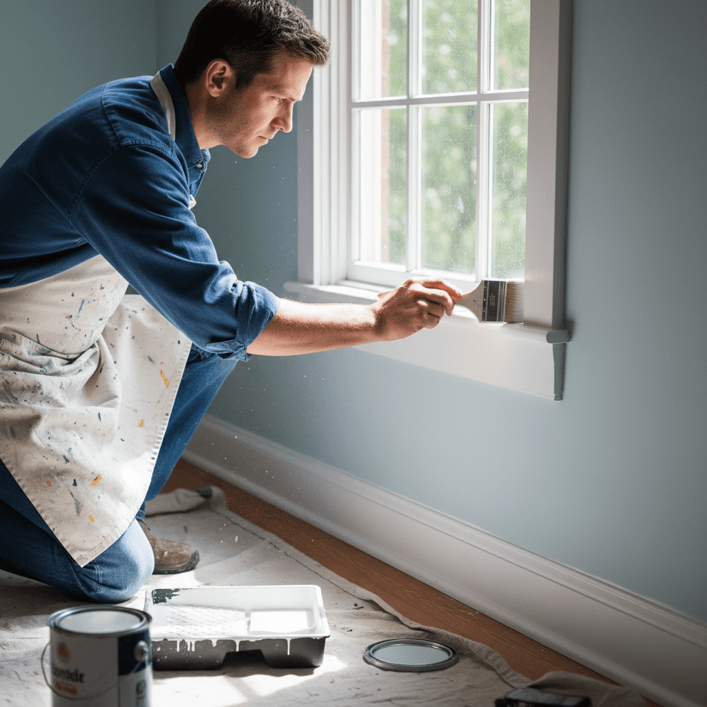 Painter cutting in white trim around a window