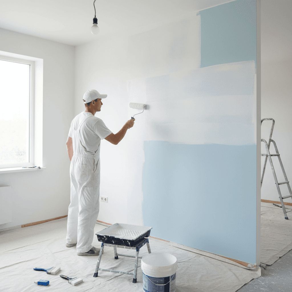 Painter rolling paint onto an interior wall in even strokes