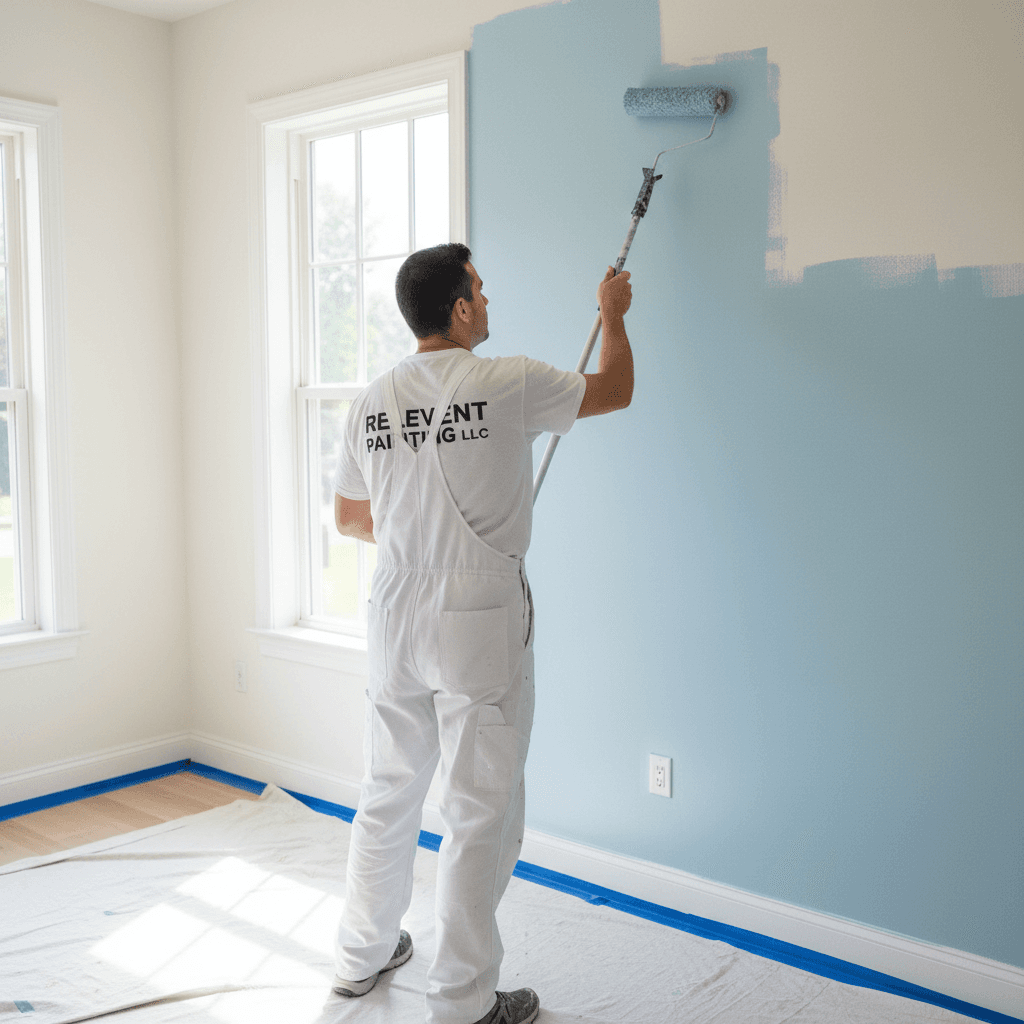 Painter rolling smooth coat of paint on drywall in a well-prepared residential interior.
