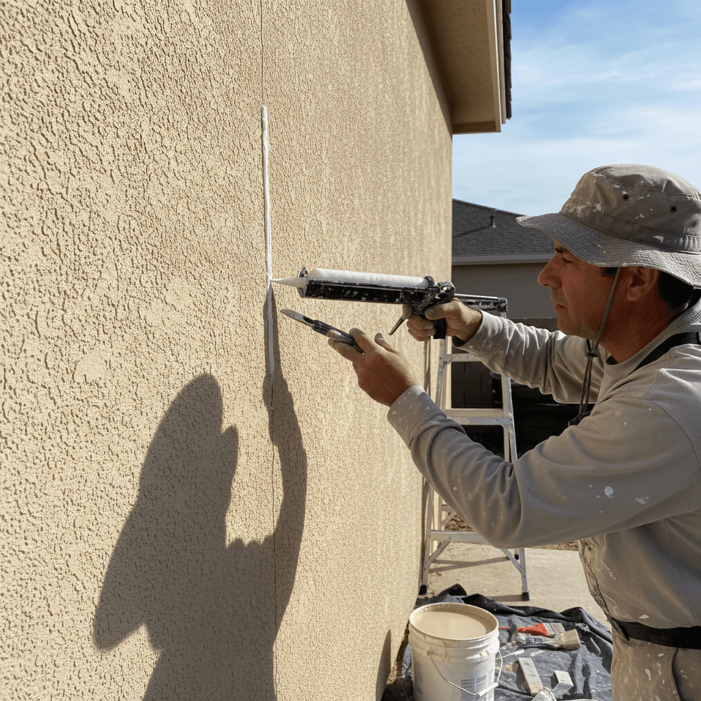 Painter sealing a crack in a stucco wall with caulk before painting