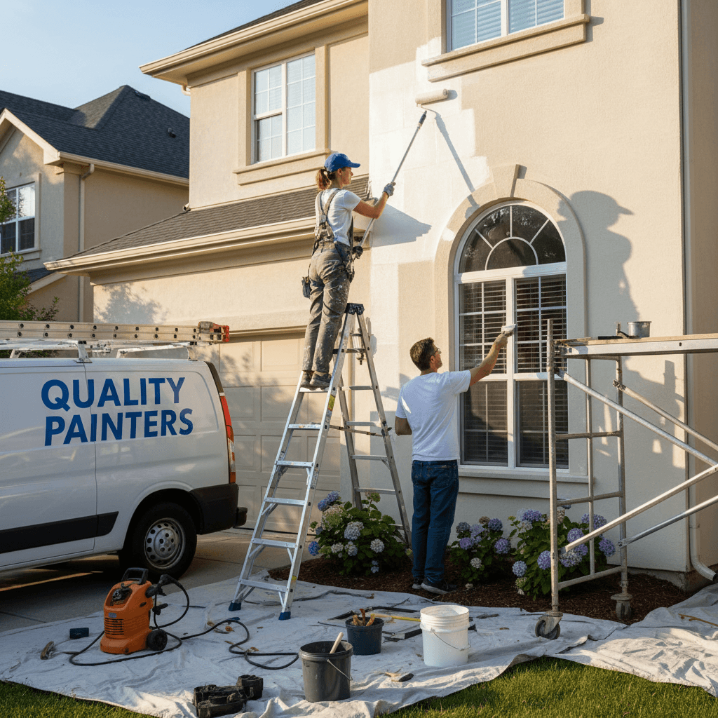 Two professional house painters working side by side on an exterior wall
