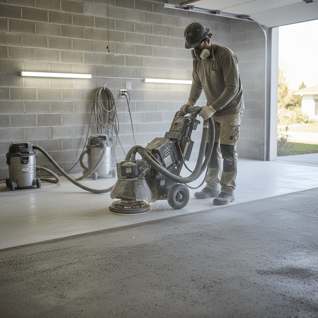 Contractor grinding concrete garage floor with industrial equipment