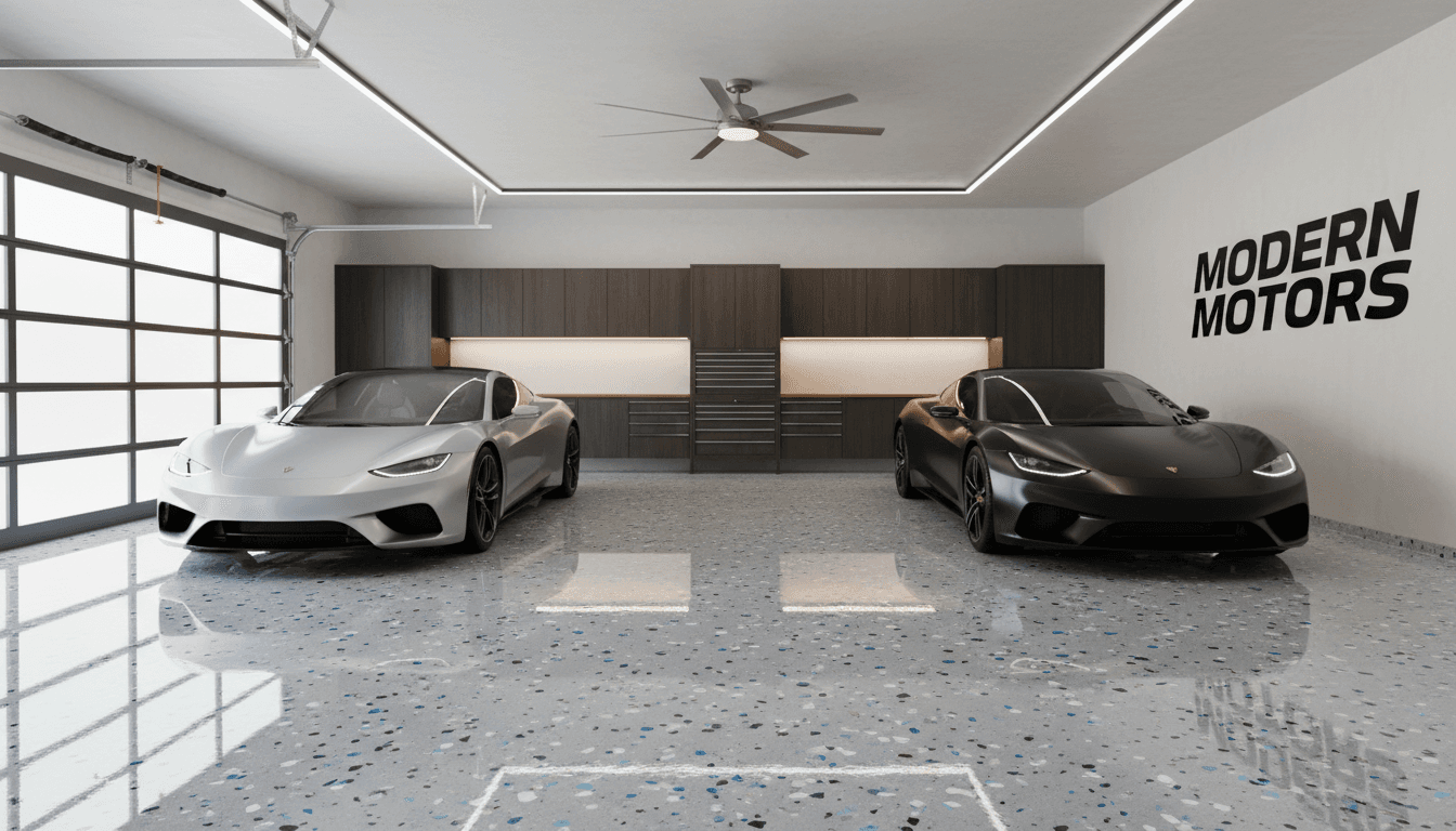 Garage with a glossy epoxy floor and decorative flakes