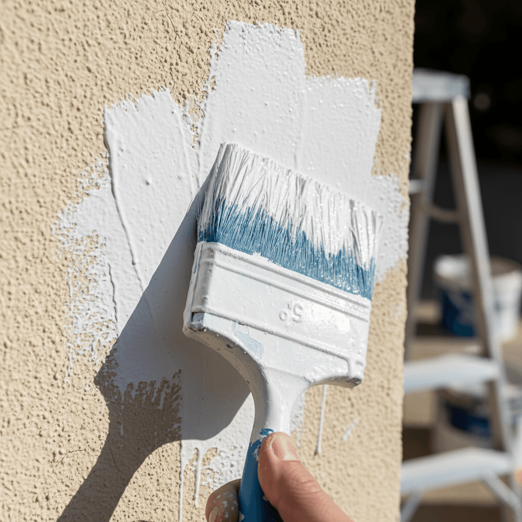Close-up of a brush applying paint to an exterior wall