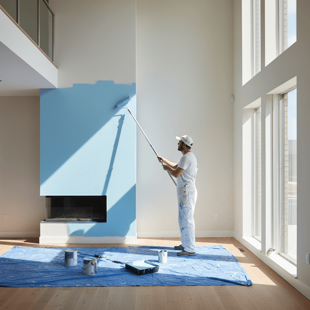 Painter applying a smooth coat of paint to an interior wall with careful technique