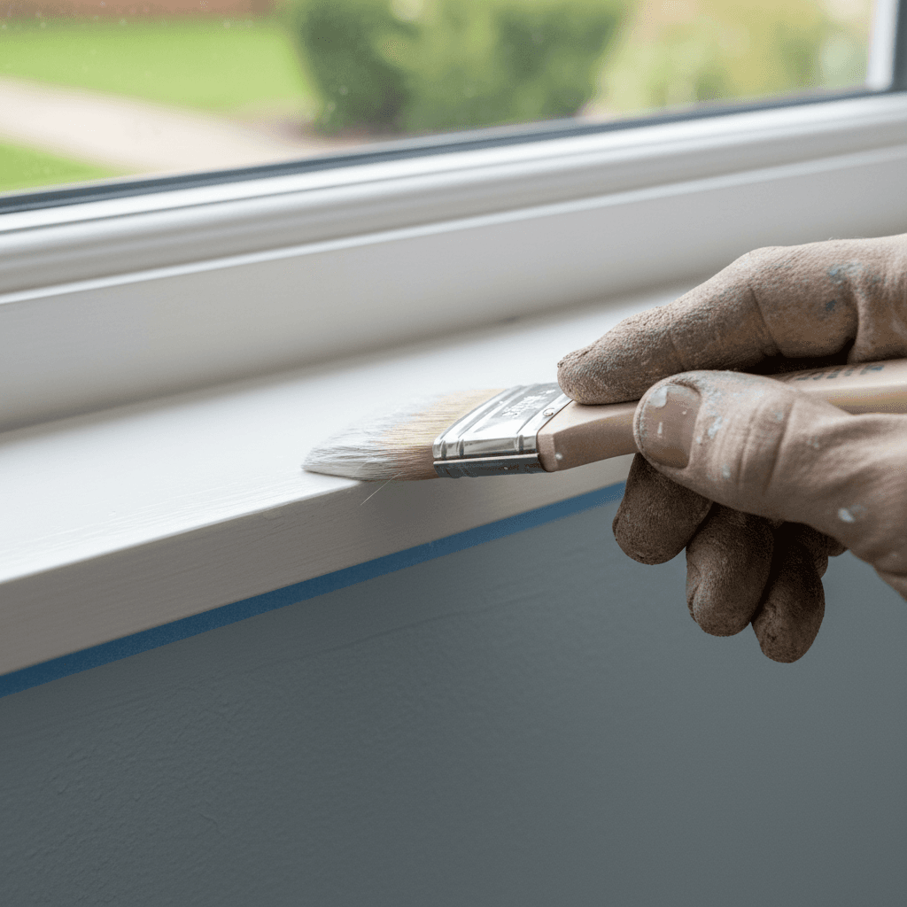 Close-up of a painter's brush cutting in paint along white window trim