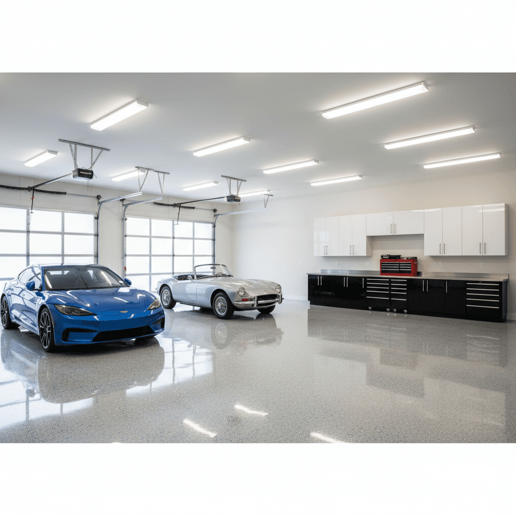 Bright home garage with a glossy epoxy floor and good lighting