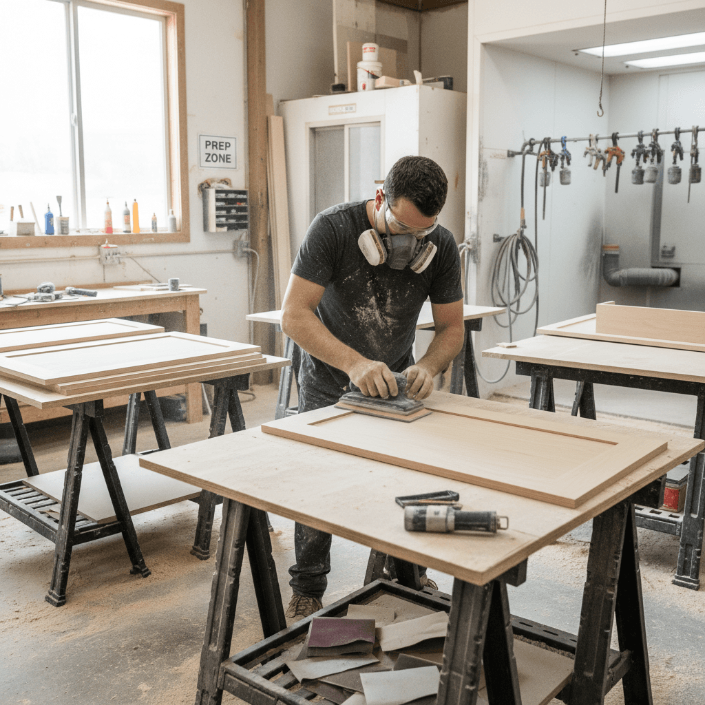 Worker sanding cabinet door surface before applying spray paint