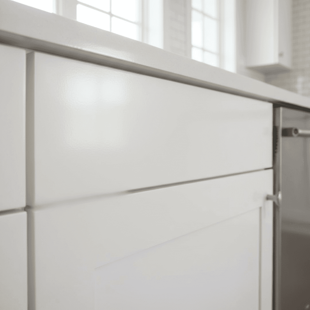 Close-up of a smooth painted kitchen cabinet door with a flawless finish