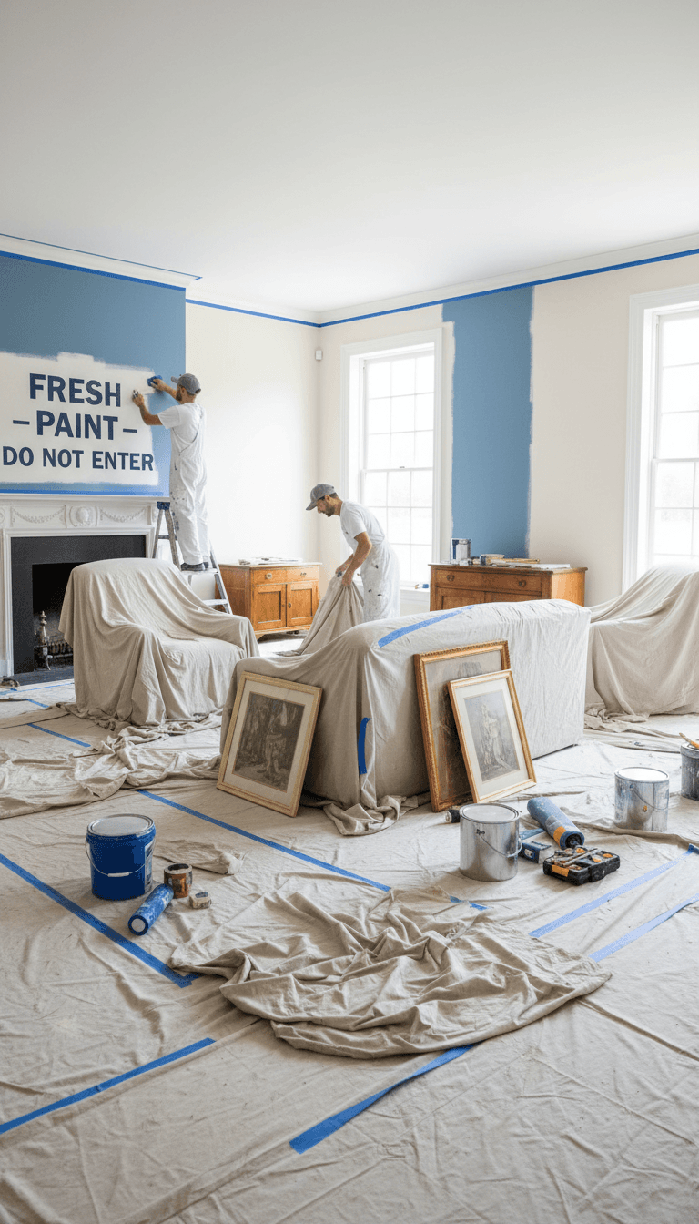 Painter in a home, protecting furniture with drop cloths