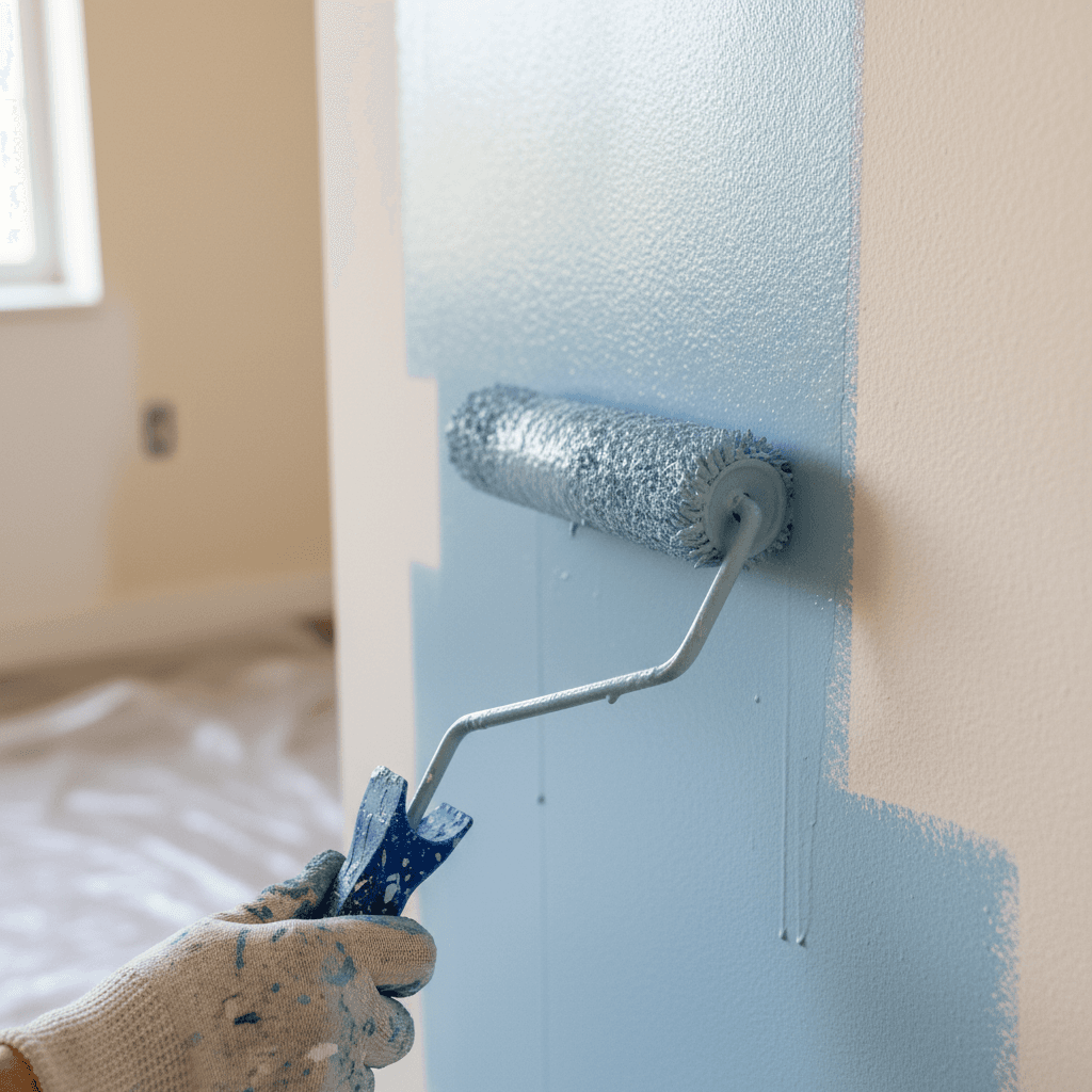 Paint roller applying second coat of paint on wall