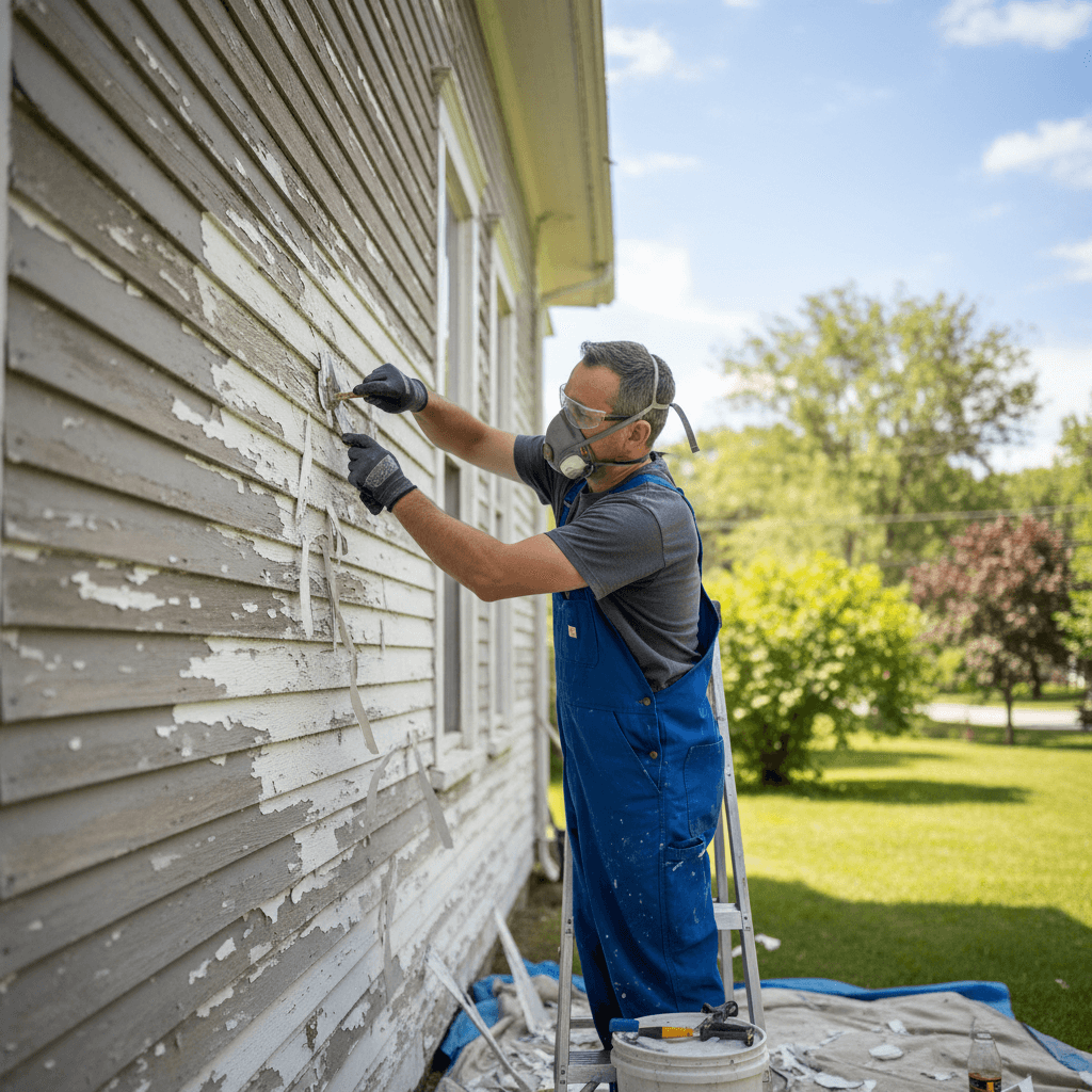 Painter scraping old paint from wood siding on a house