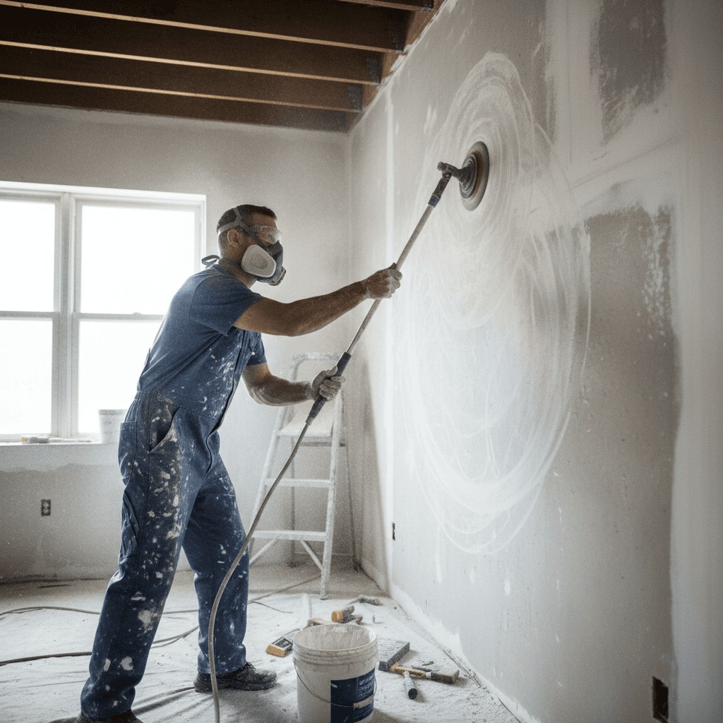 Painter sanding wall surface before painting