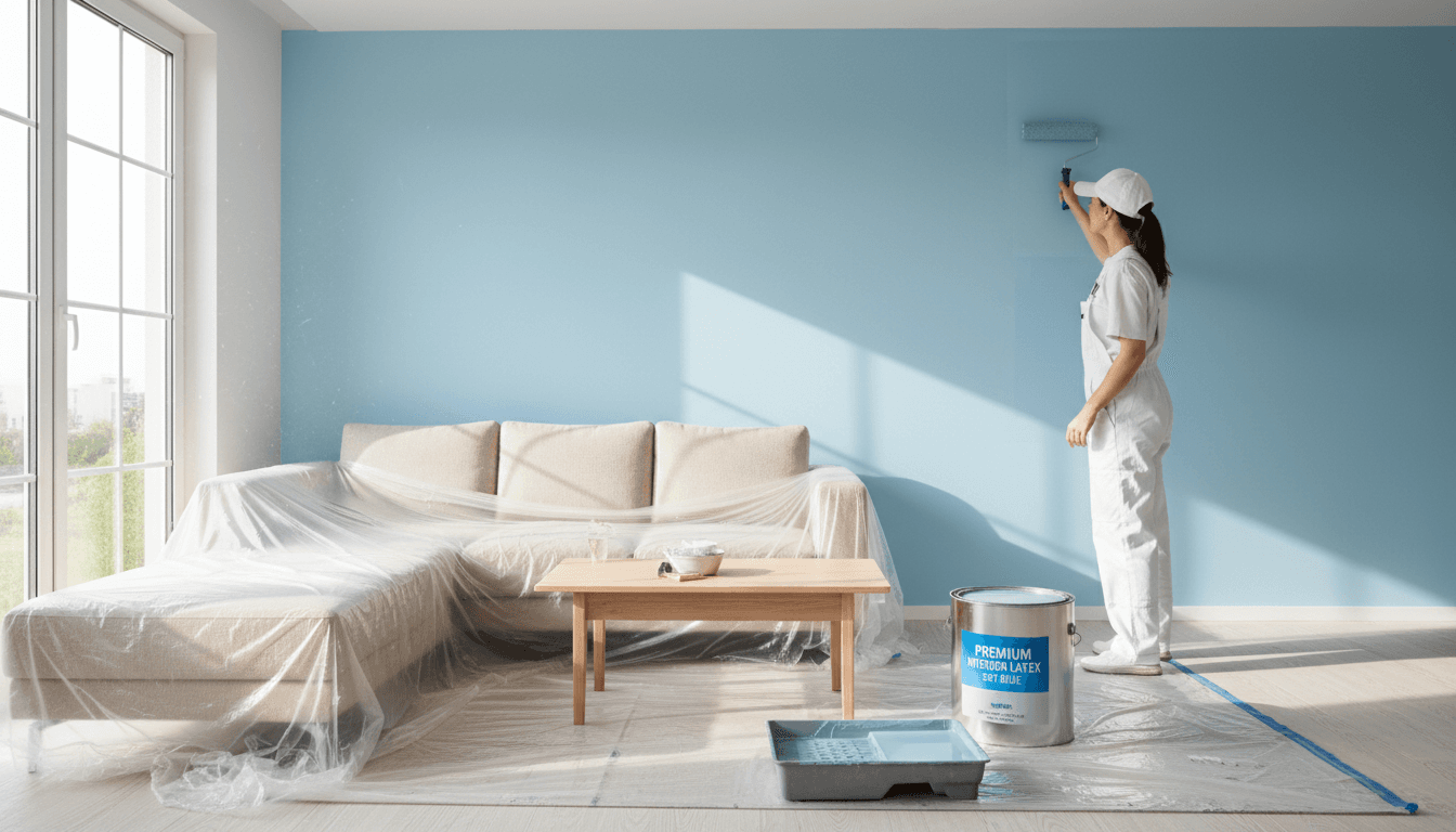 Professional painter applying paint to an interior wall