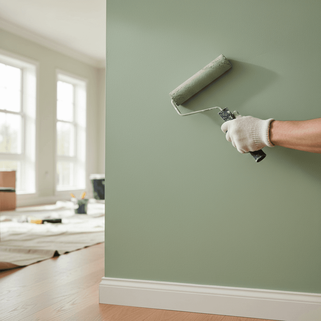 Professional painter applying paint to an interior wall with a roller