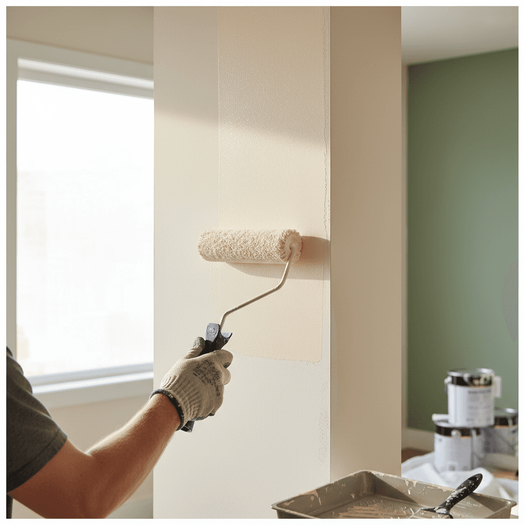 Professional painter applying paint with roller to interior wall