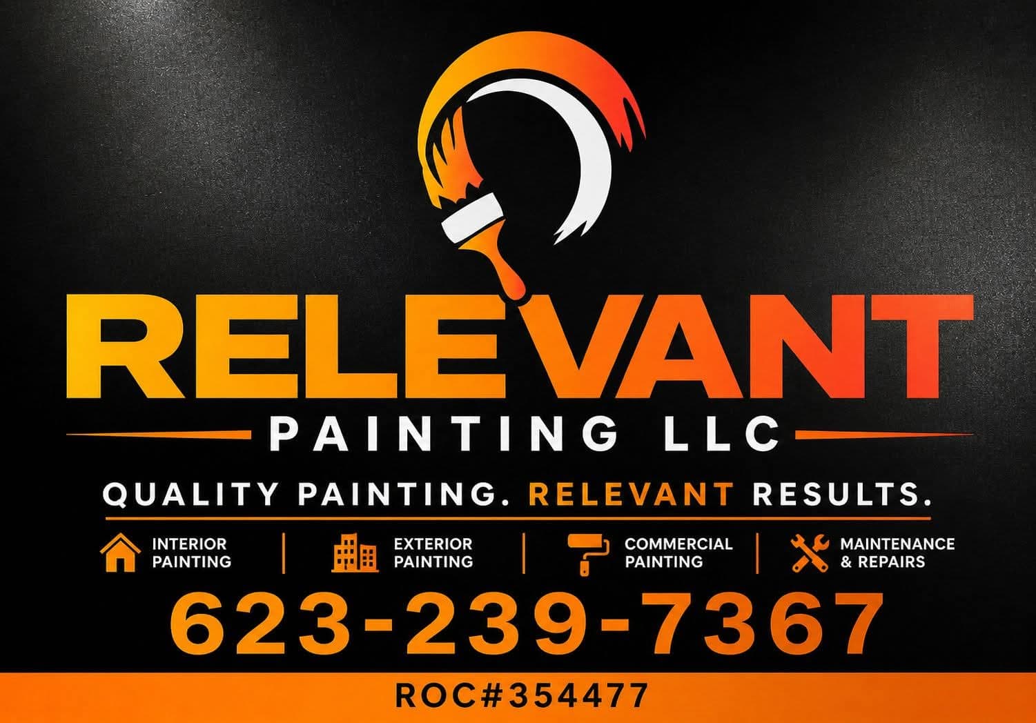 Relevant Painting LLC advertisement for interior, exterior, and commercial services with phone number 623-239-7367.